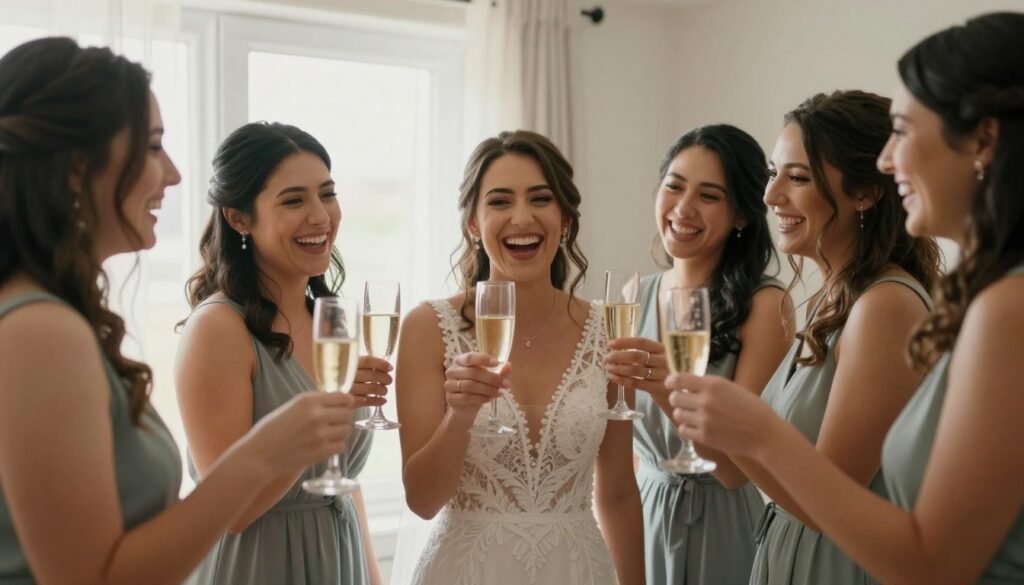 Bride celebrating with accepted bridesmaids