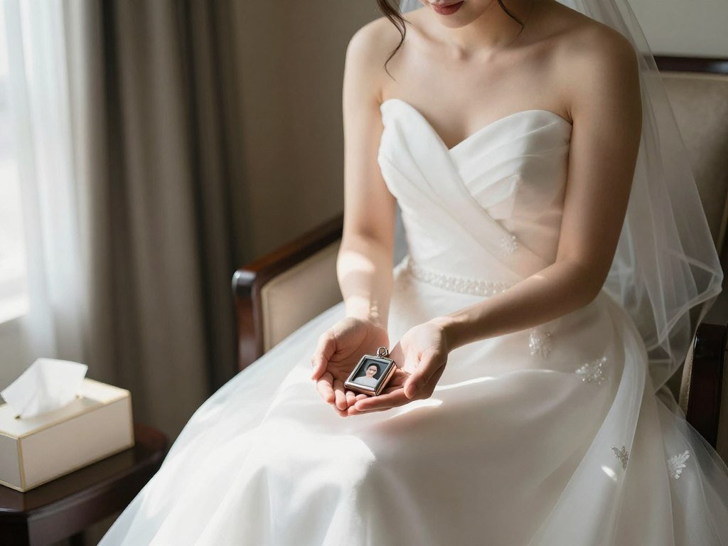 Bride holding memorial locket in private moment Bride holding memorial locket in private moment