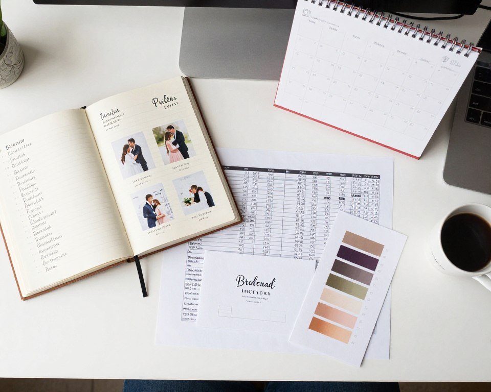Bride planning bridesmaid proposals with notebook, samples, and planning materials organized on desk