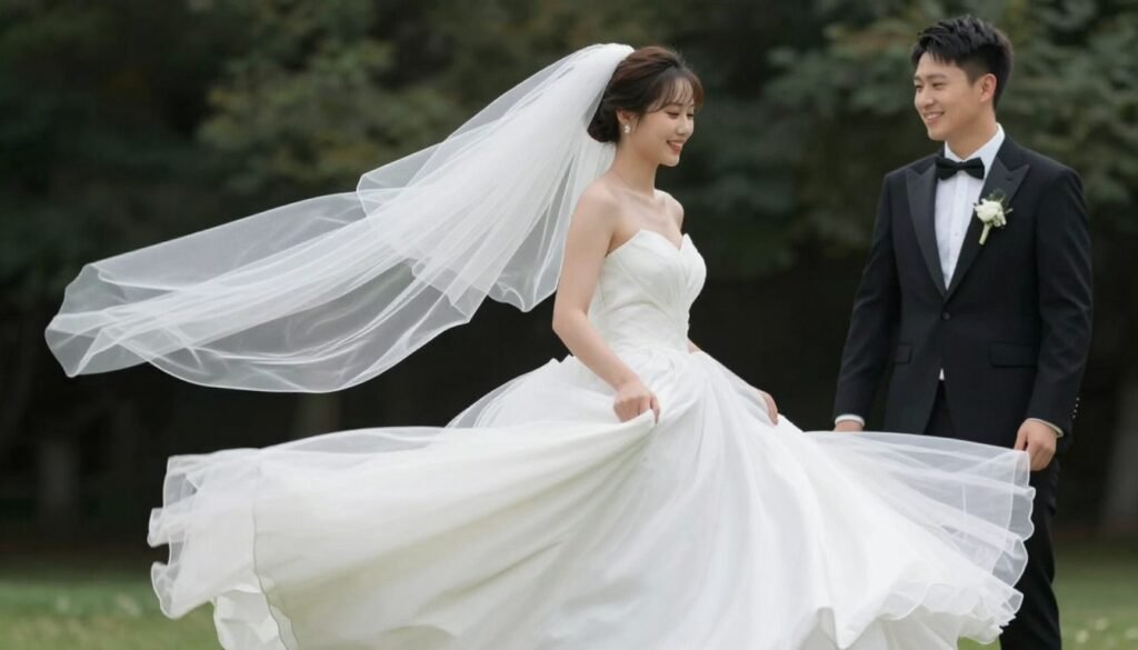 Bride twirling in flowing wedding dress while groom watches admiringly