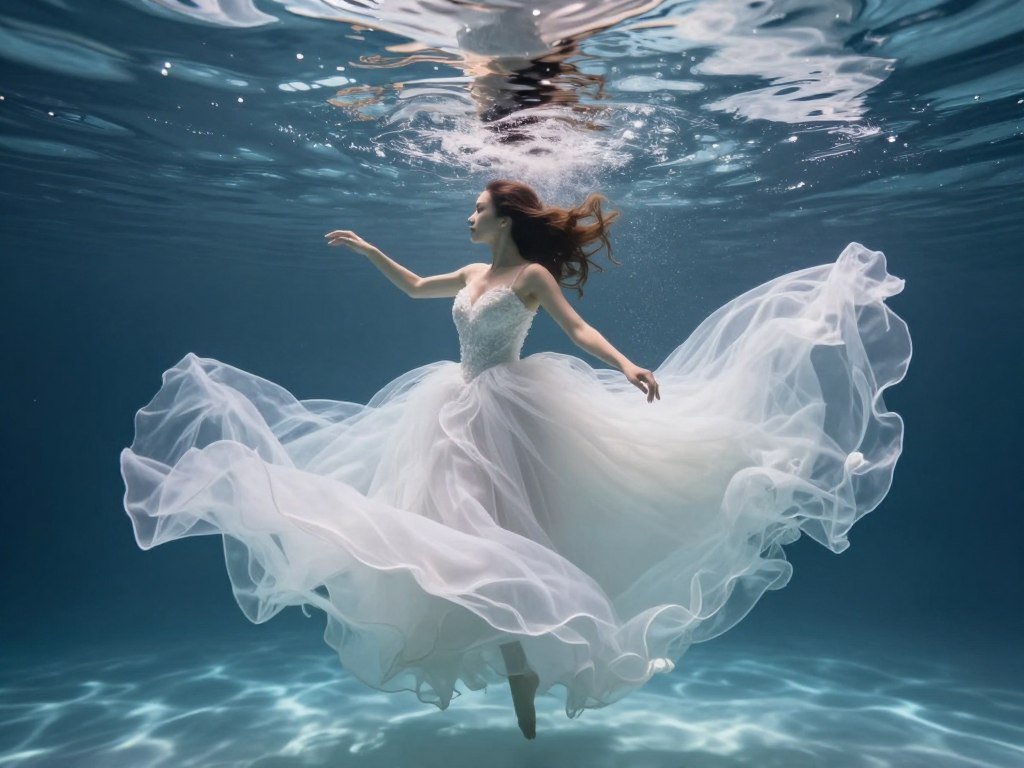Bride underwater in flowing dress