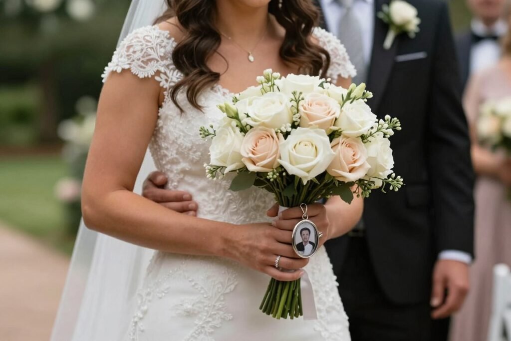 Bride walking down aisle holding memorial photo charm Bride walking down aisle holding memorial photo charm