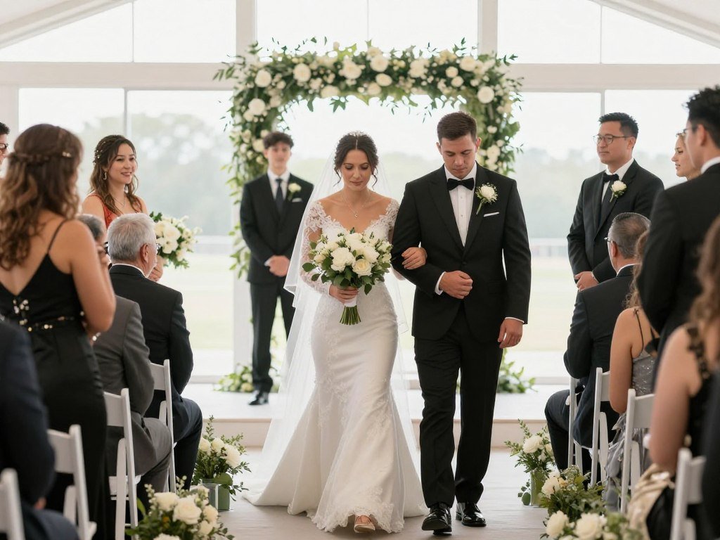 Bride walking down aisle with bouquet while groom watches from altar
