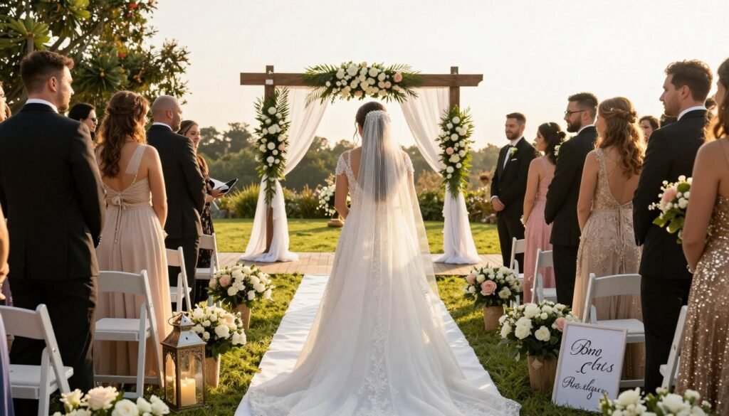 Bride walking down beautifully decorated outdoor wedding aisle
