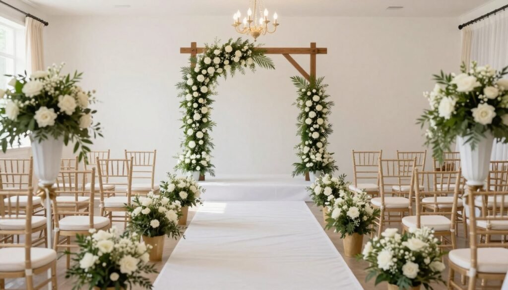 Bride walking down beautifully decorated wedding aisle with emotional guests watching