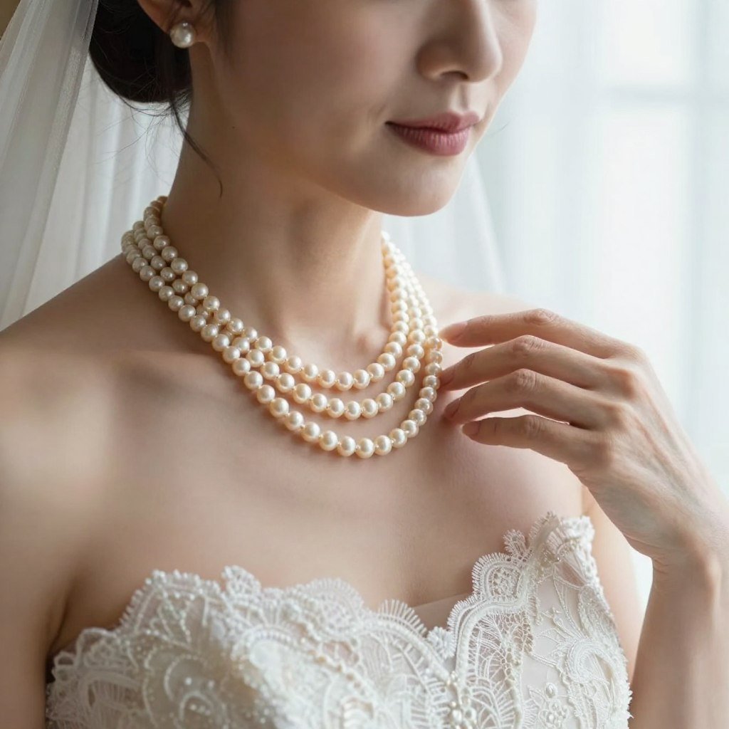 Bride wearing grandmother's vintage pearl necklace Bride wearing grandmother's vintage pearl necklace