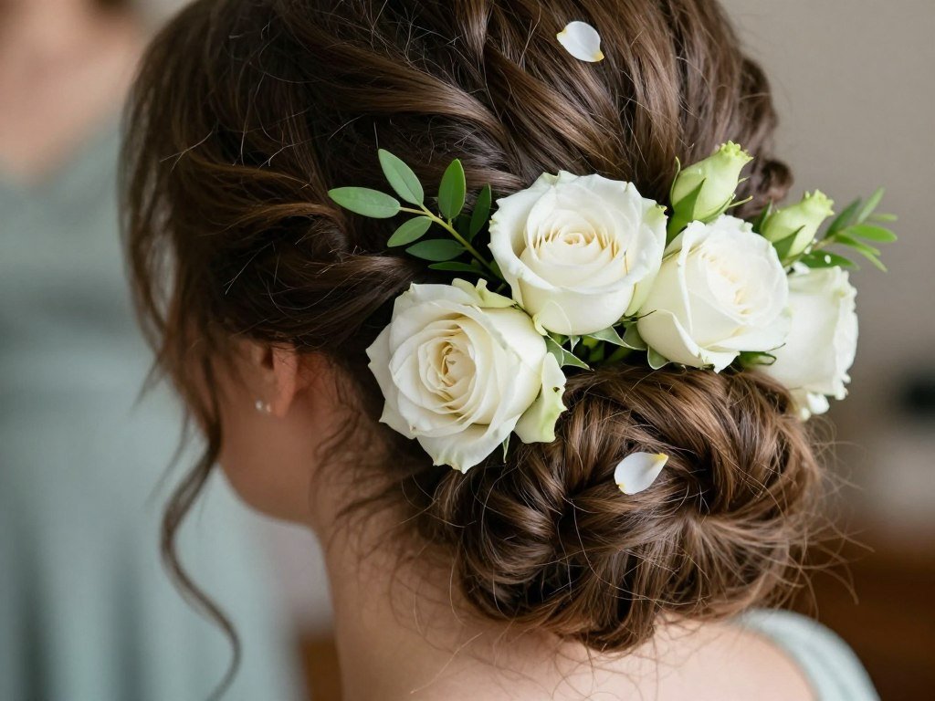 Bridesmaid hairstyle with fresh flower accessories