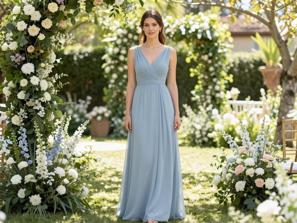 Bridesmaid in spring dress at outdoor garden wedding venue