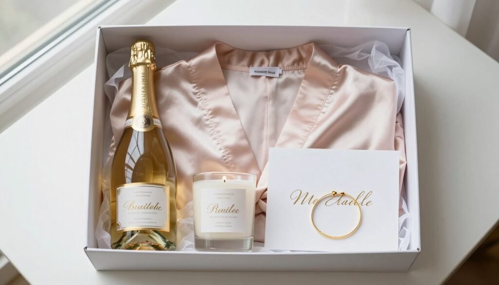 Bridesmaid proposal box with multiple gift items arranged beautifully