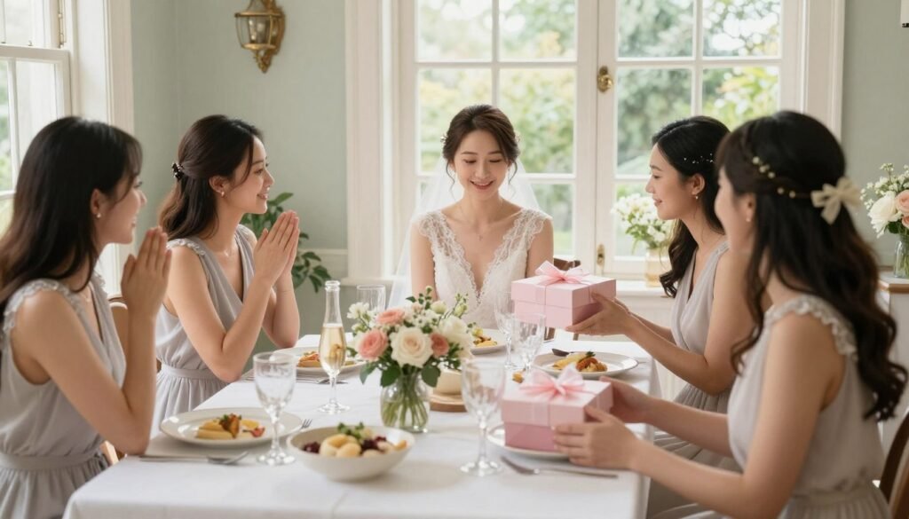 Bridesmaid proposal presentation at intimate gathering with friends