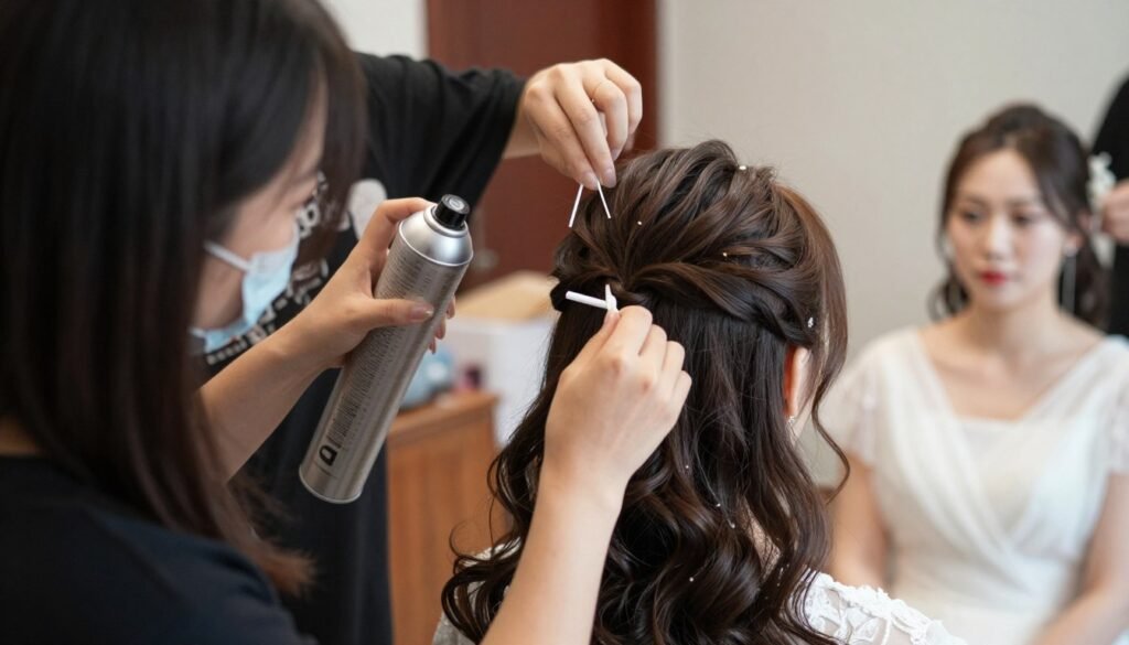 Bridesmaid receiving final hair touches before wedding ceremony with hairspray and pins