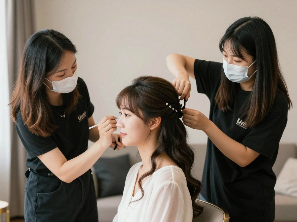 Bridesmaid receiving partial professional styling assistance Bridesmaid receiving partial professional styling assistance