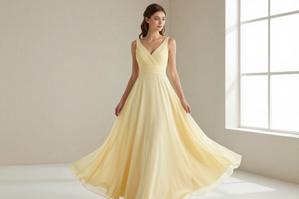 Bridesmaid wearing butter yellow A-line dress showing flattering fit and flow