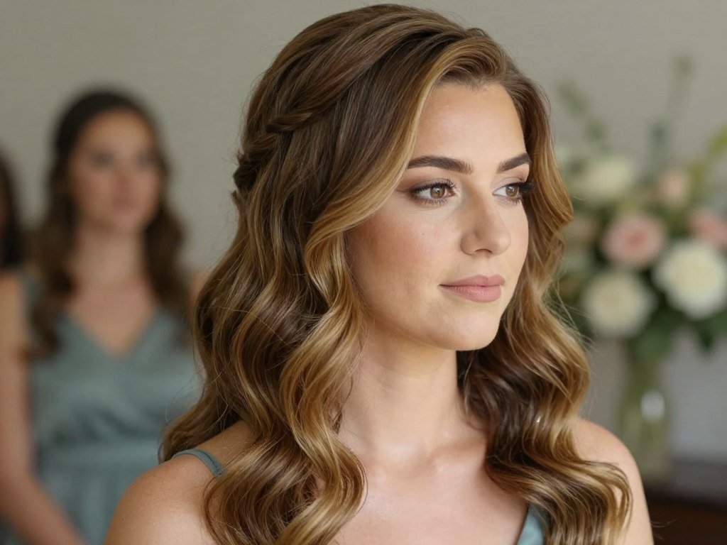Bridesmaid with romantic loose waves hairstyle for wedding