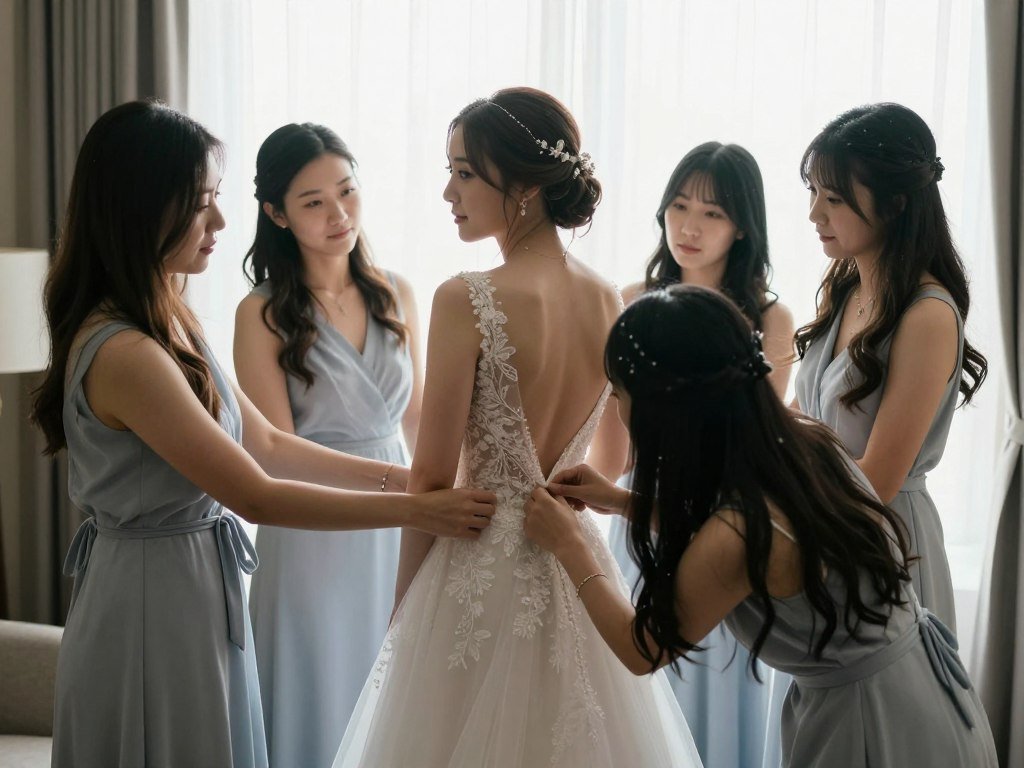 Bridesmaids helping bride with dress buttons in preparation room