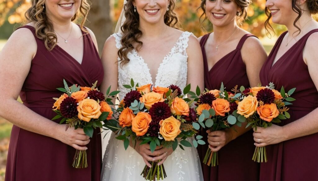 Bridesmaids holding coordinated fall bouquets Bridesmaids holding coordinated fall bouquets