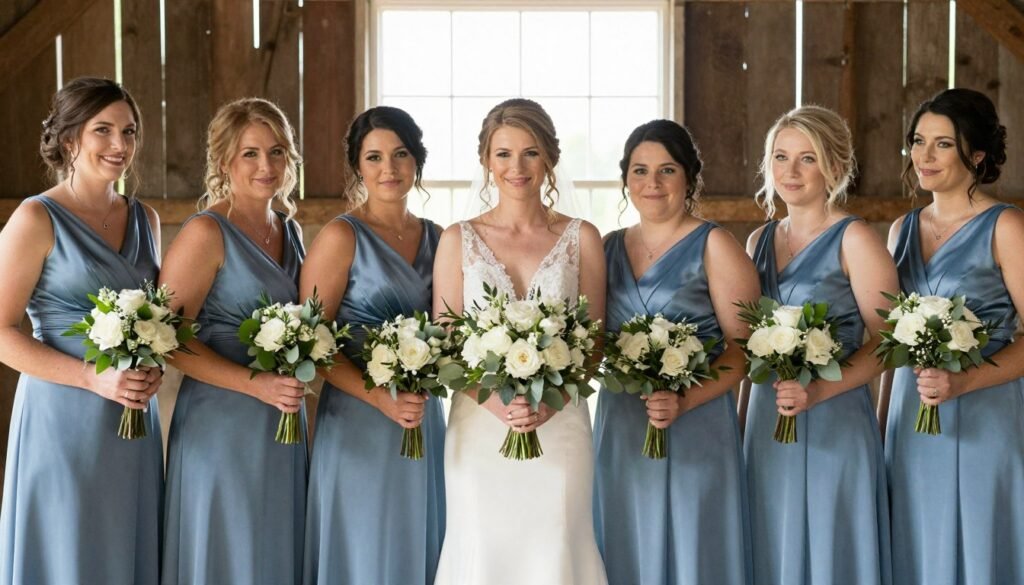 Bridesmaids in dusty blue satin dresses holding bouquets with white and green flowers