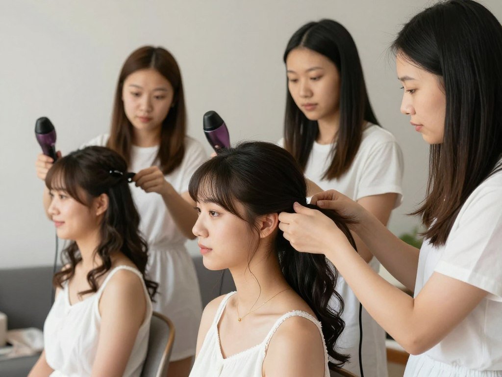 Bridesmaids sharing styling tools and helping each other Bridesmaids sharing styling tools and helping each other