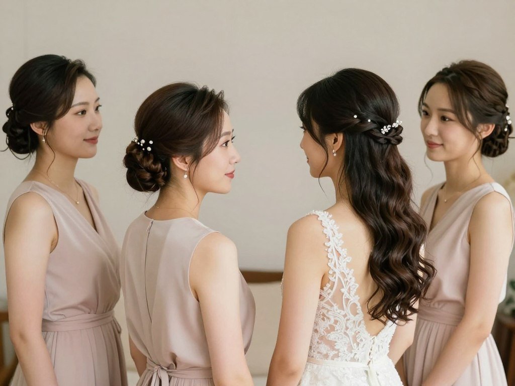 Bridesmaids showing balanced uniformity and individual styling Bridesmaids showing balanced uniformity and individual styling