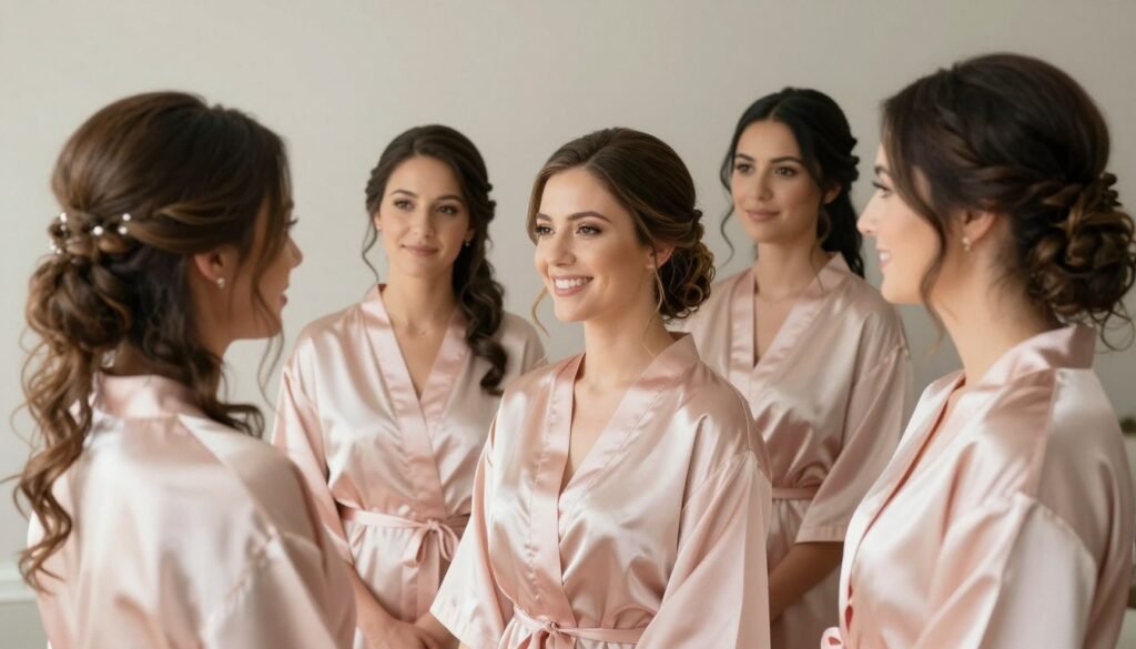 Bridesmaids showing coordinated hair and makeup with blush dresses