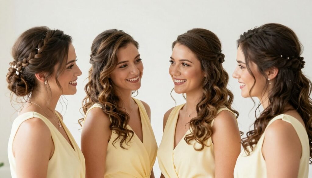 Bridesmaids with coordinated hair and makeup styling wearing butter yellow dresses