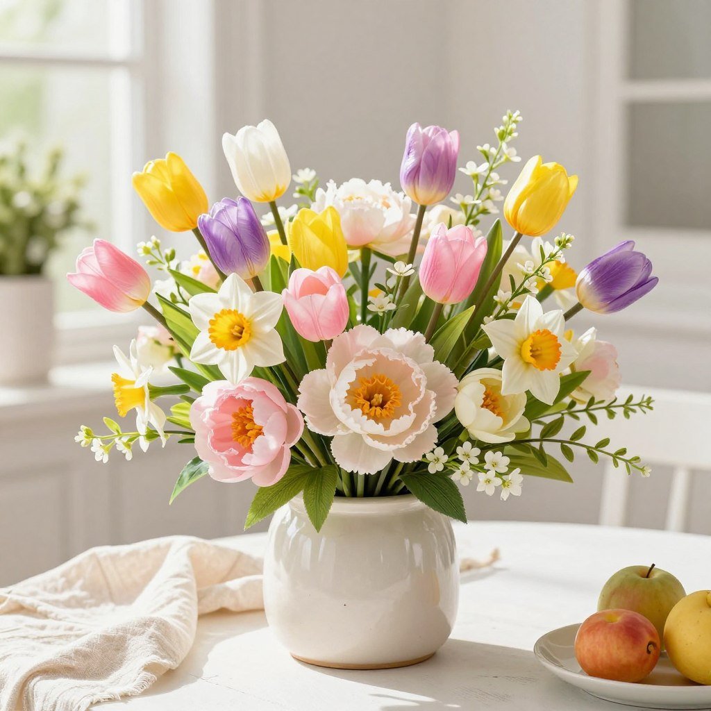 Bright and colorful fake flowers decor arrangement for spring featuring tulips and daffodils Bright and colorful fake flowers decor arrangement for spring featuring tulips and daffodils