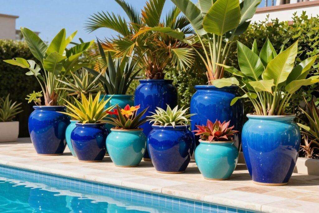 Bright blue and turquoise glazed ceramic planters with tropical plants beside a pool Bright blue and turquoise glazed ceramic planters with tropical plants beside a pool