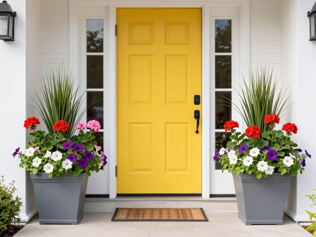 Bright front door with symmetrical planters filled with colorful sun-loving flowers and plants