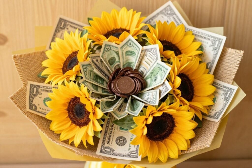 Bright sunflower money bouquet with yellow accents