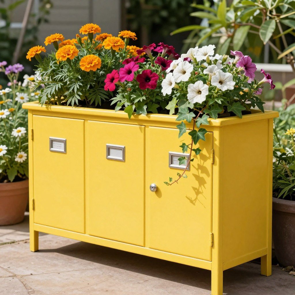 Bright yellow file cabinet planter with cascading flowers