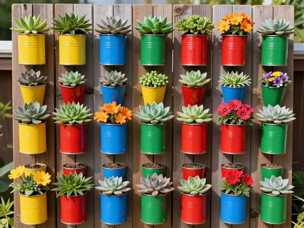 Brightly painted tin can planters mounted on a wooden board with succulents and small flowers