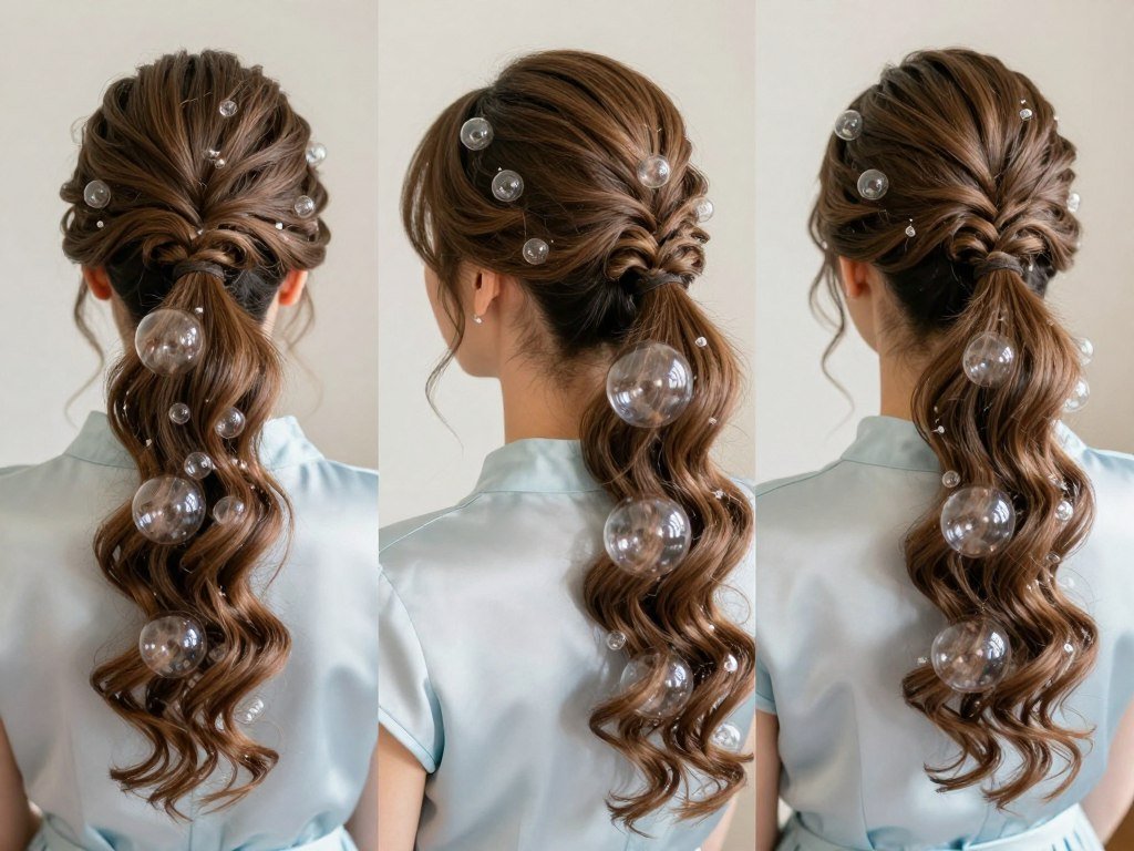 Bubble ponytail bridesmaid hairstyle with segmented sections Bubble ponytail bridesmaid hairstyle with segmented sections