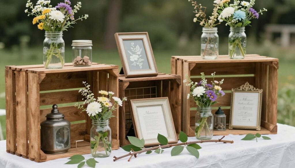Budget-friendly rustic wedding decor featuring repurposed items and natural elements