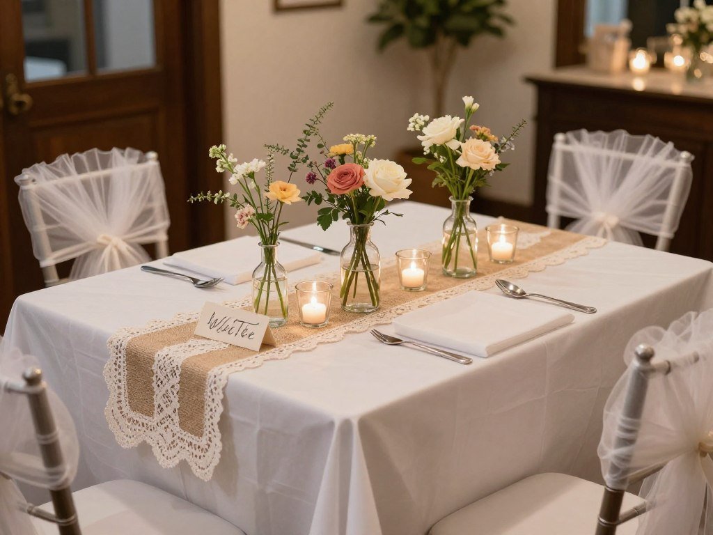 Budget-friendly sweetheart table with DIY elements, bud vases, and candles creating an elegant look Budget-friendly sweetheart table with DIY elements, bud vases, and candles creating an elegant look