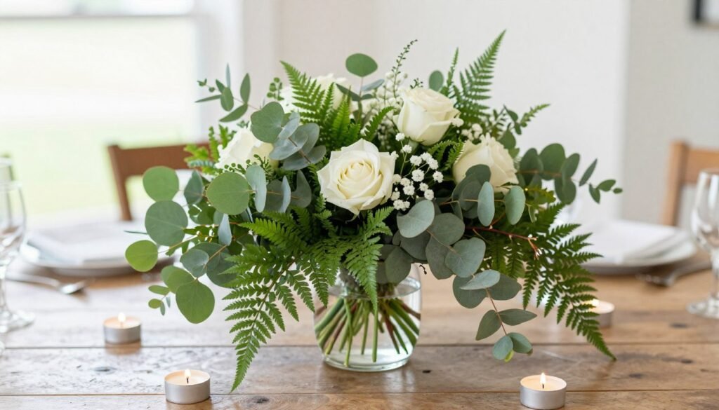 Budget-friendly wedding centerpiece with greenery and minimal flowers Budget-friendly wedding centerpiece with greenery and minimal flowers