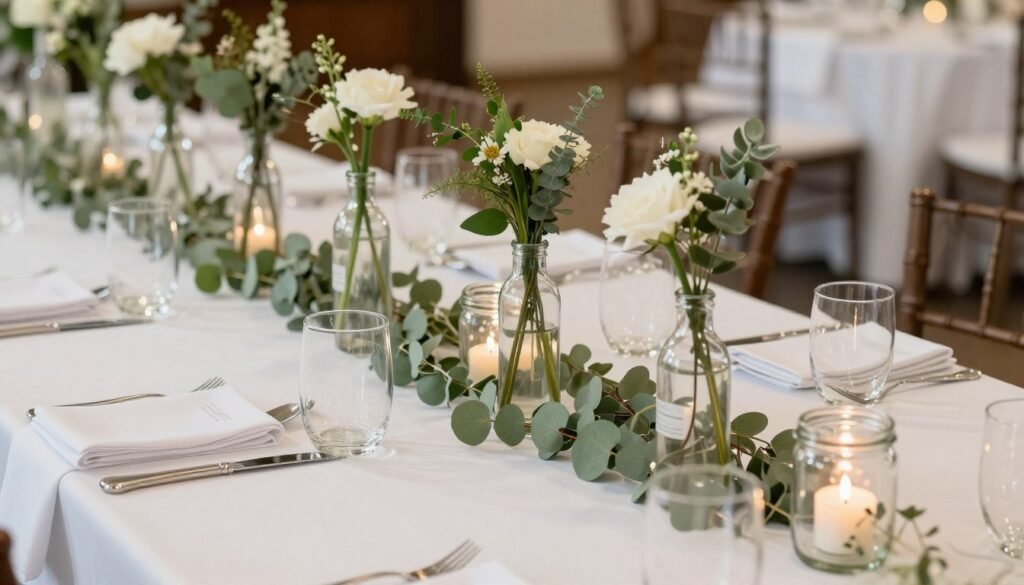 Budget-friendly wedding decorations featuring DIY centerpieces, candles, and greenery Budget-friendly wedding decorations featuring DIY centerpieces, candles, and greenery