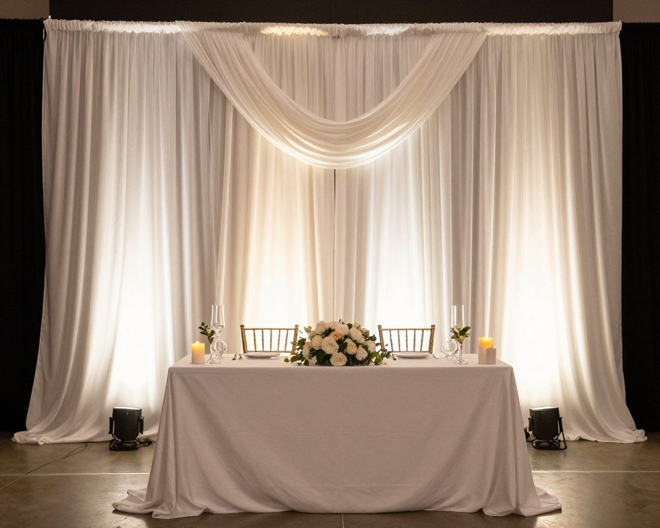 Budget-friendly wedding reception with dramatic backdrop behind sweetheart table and minimal other decorations