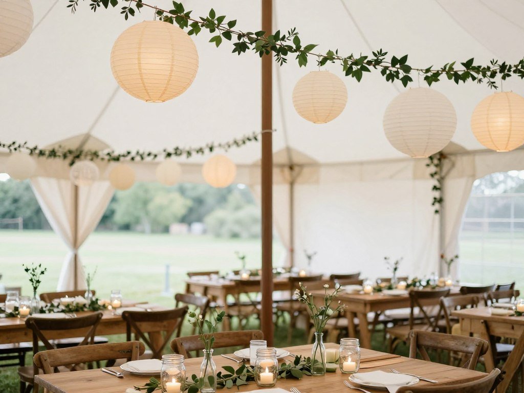 Budget-friendly wedding tent with DIY paper lanterns, repurposed jars, and creative lighting