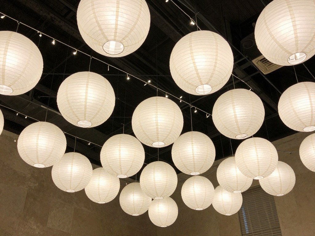 Budget wedding decoration with paper lanterns and string lights creating ceiling installation