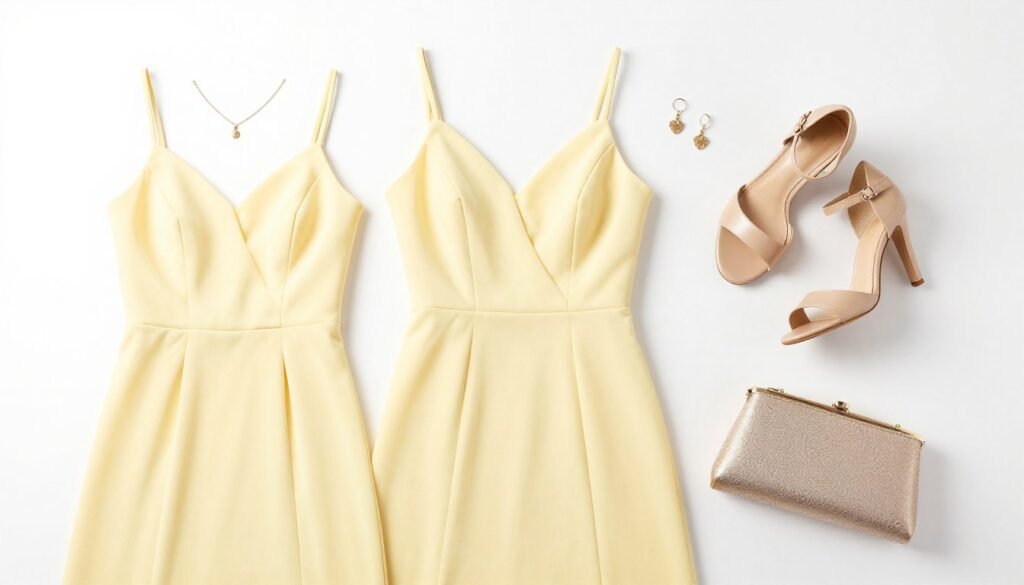 Butter yellow bridesmaid dress styled with gold jewelry and nude heels