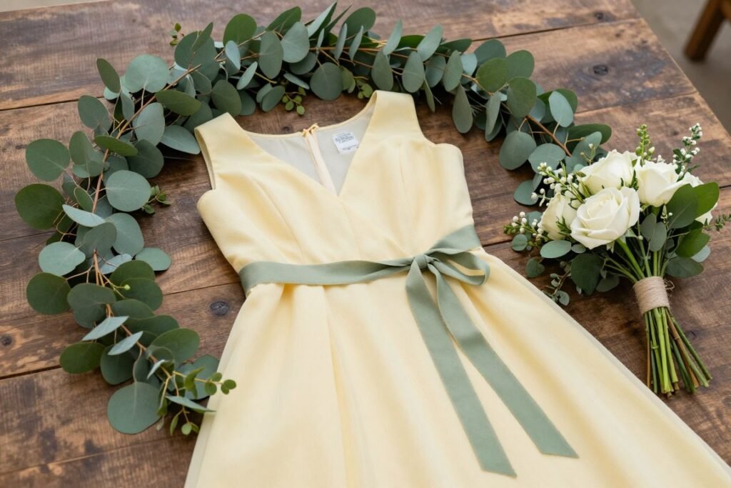 Butter yellow bridesmaid dress with green and white floral arrangements