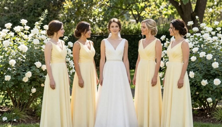 Butter yellow bridesmaid dresses in garden wedding setting with natural sunlight
