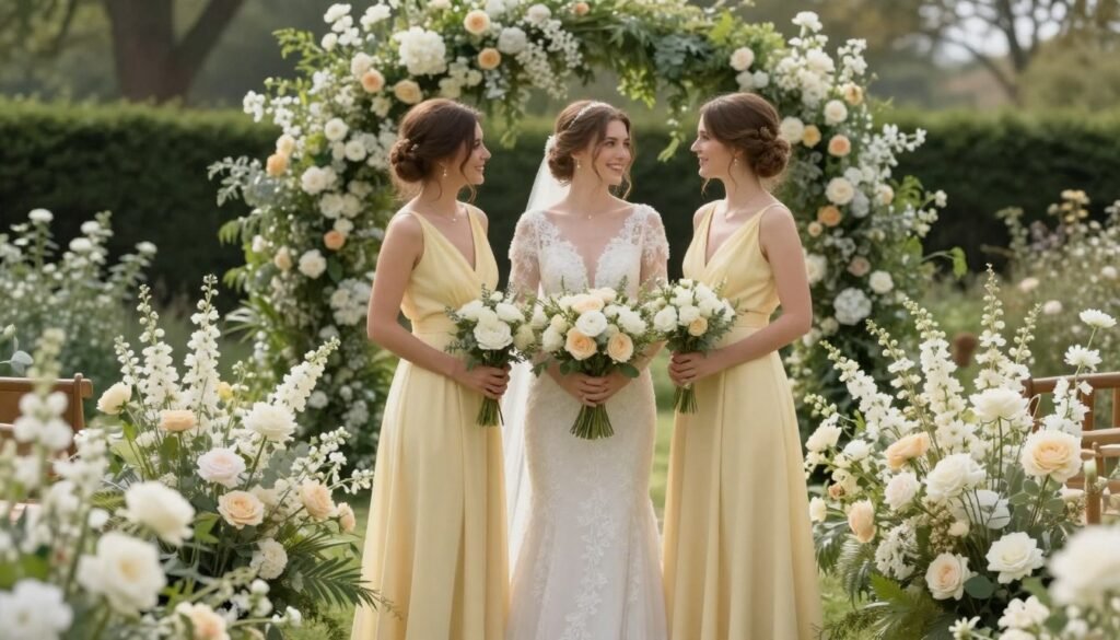 Butter yellow bridesmaid dresses styled for garden wedding theme with floral details