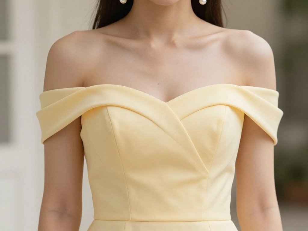 Butter yellow off-shoulder bridesmaid dress showing neckline detail and shoulder draping