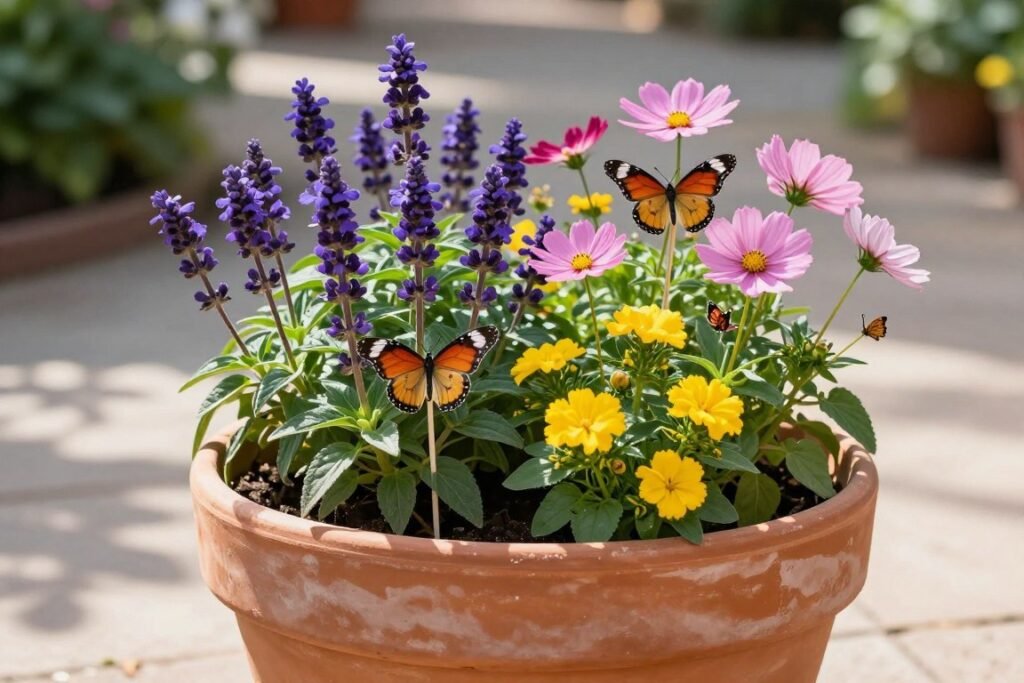 Butterfly-themed spring planter with butterfly-attracting flowers and decorative elements