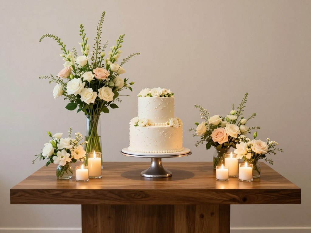 Cake table demonstrating professional balance and proportion with symmetrical arrangement and visual weight distribution