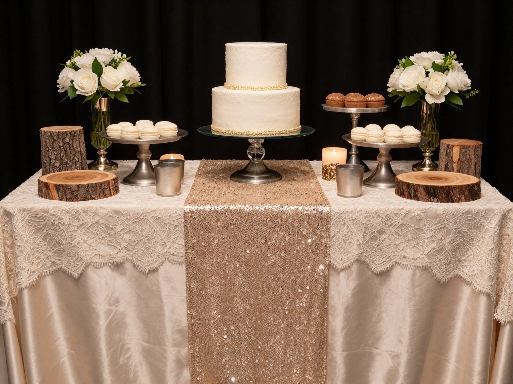 Cake table displaying professional texture mixing and layering techniques for visual depth and interest