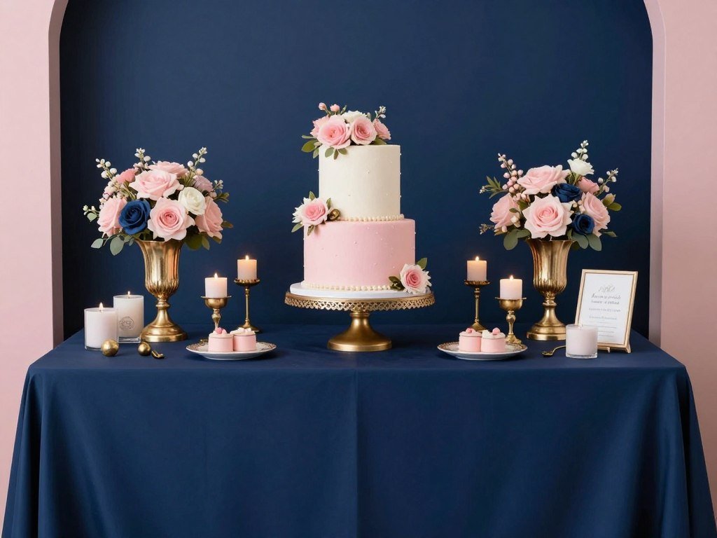 Cake table showcasing professional color coordination with primary palette, accent colors, and visual depth