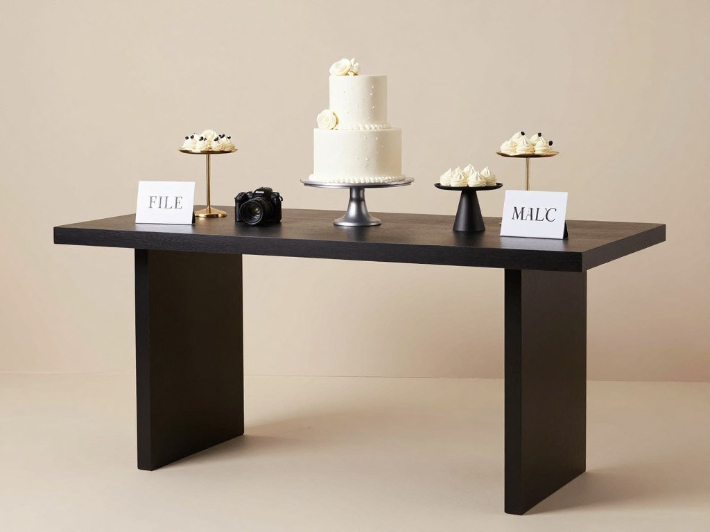 Cake table styled with photography in mind, showing clean backdrop, good contrast, and attention to all visual angles
