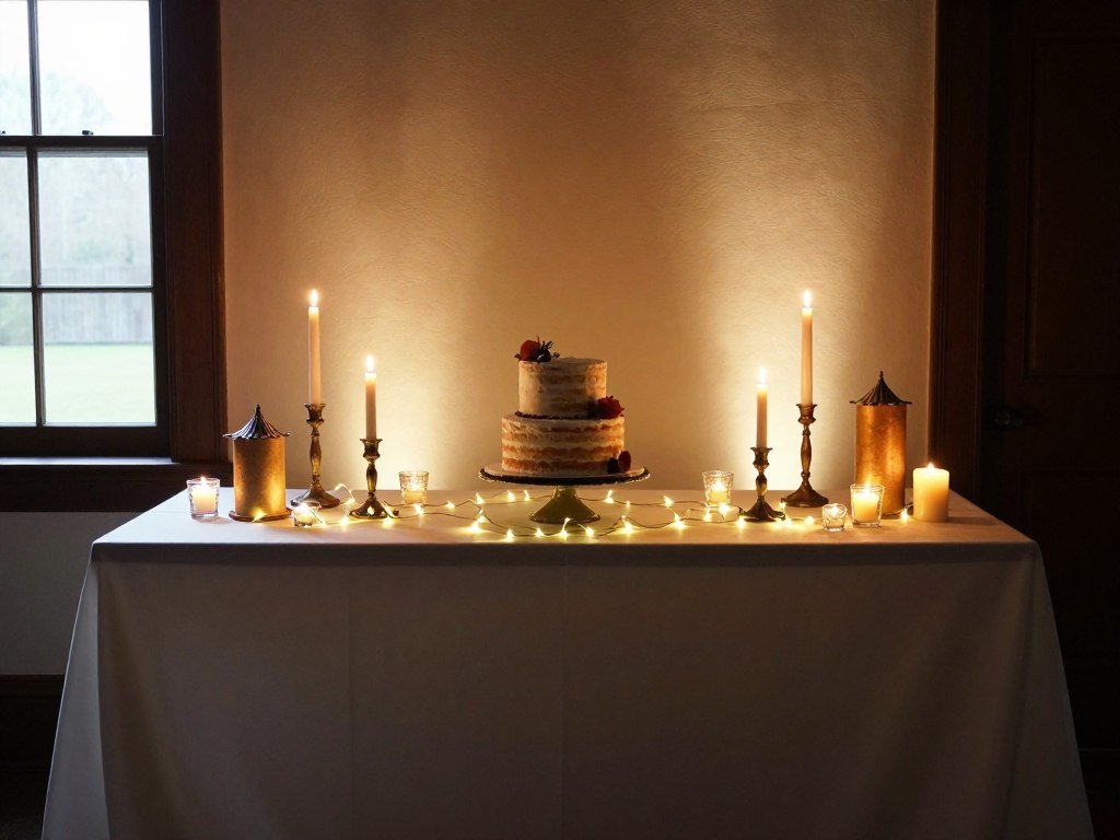 Cake table with professional lighting techniques including layered light sources, candles, and strategic positioning